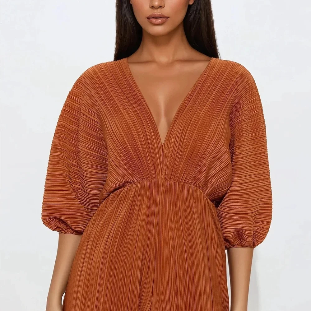 Copper Orange Pleated V-Neck Maxi Dress - Picture 7 of 7
